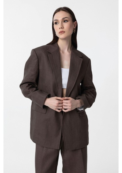 Kahve 100% Keten Kadın Blazer Ceket