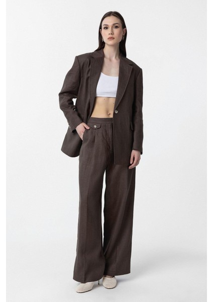 Kahve 100% Keten Kadın Blazer Ceket
