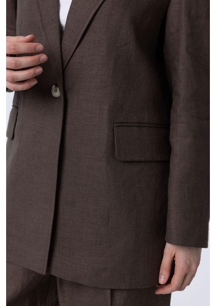 Kahve 100% Keten Kadın Blazer Ceket