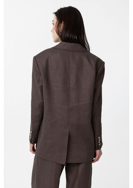Kahve 100% Keten Kadın Blazer Ceket