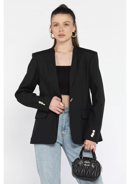 Kadın Düğme Detaylı Kruvaze Yaka Blazer Ceket P-00015646