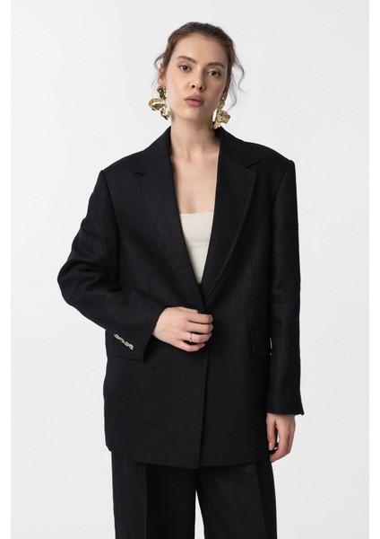 Siyah 100% Keten Kadın Blazer Ceket