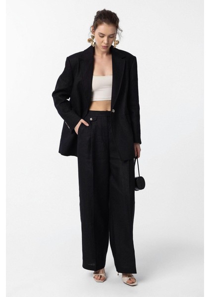 Siyah 100% Keten Kadın Blazer Ceket modelleri