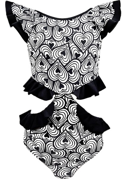 Siyah-Beyaz Kalp Desenli Cut-Out Fırfırlı Kız Çocuk Mayo By Nessi Byrd