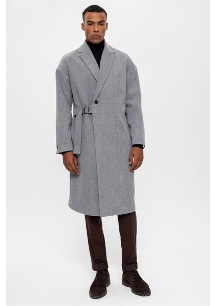 Açık Gri Kuşaklı Oversize Erkek Kaban