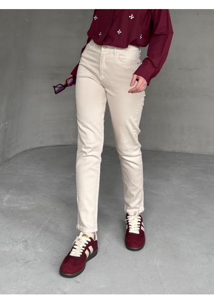 JEAN-08124 Krem Rengi Taşlamalı Süper Kalıp Momfit Jean