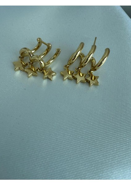 Gold Yıldız Charm Sallantılı Halka Küpe