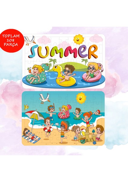 54 Parça Yaz Teması Eğlenceli Ahşap Puzzle