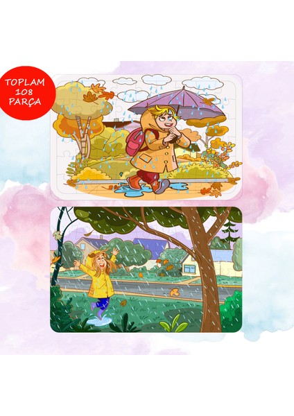 54 Parça Eğlenceli Yağmur Teması Ahşap Puzzle