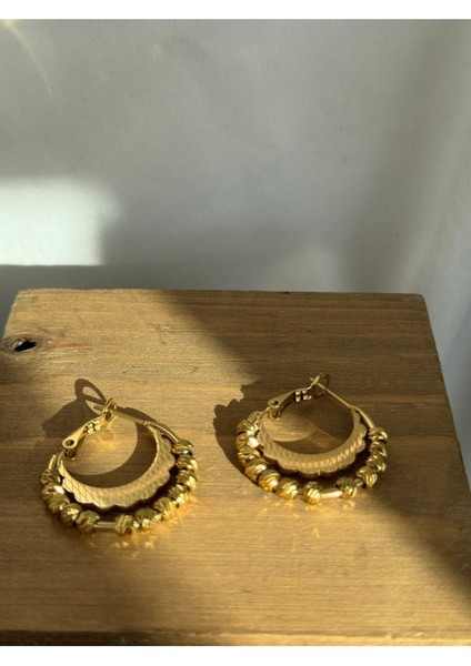 Gold Çift Katmanlı Dorika Halka Küpe