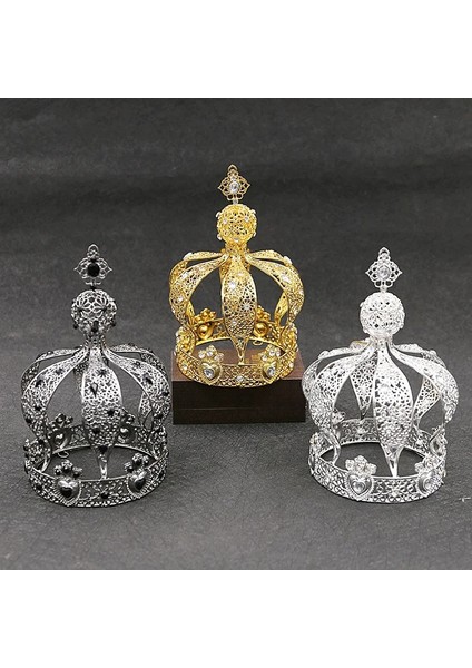 Gümüş Rengi Castle Metal Crown- Cake Crown Topper King Retro Siyah Headdress Barok Taç Süsleri (Yurt Dışından)