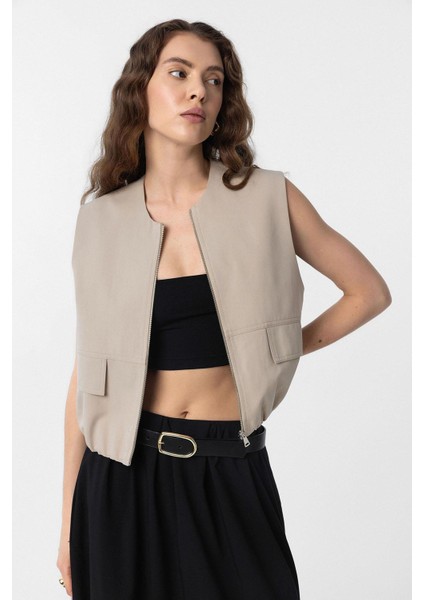 Bej Oversize Kadın Yelek