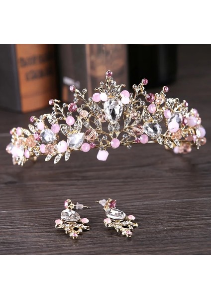 Altın Taç Yeni Pembe Gelin Taçları El Yapımı Taç Gelin Bandı Kristal Düğün Diadem Kraliçe Taç Küpeler Ile Düğün Saç Aksesuarları (Yurt Dışından) indirimleri