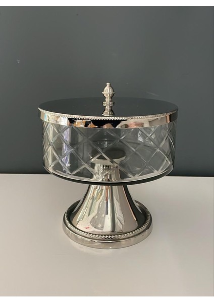 Ayaklı ve Kapaklı Orta Boy Kavanoz Nikel 18,5X18,5X20,5 cm