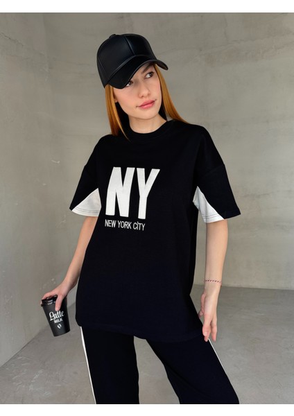 TKM-03655 Siyah Beyaz Ny Nakışlı Bisiklet Yaka Tshirt Bel Lastikli Palazzo Alt Ikili Takım fiyatları