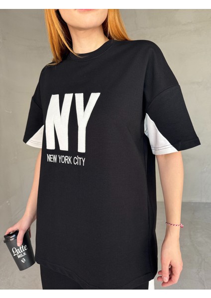 TKM-03655 Siyah Beyaz Ny Nakışlı Bisiklet Yaka Tshirt Bel Lastikli Palazzo Alt Ikili Takım fırsatları