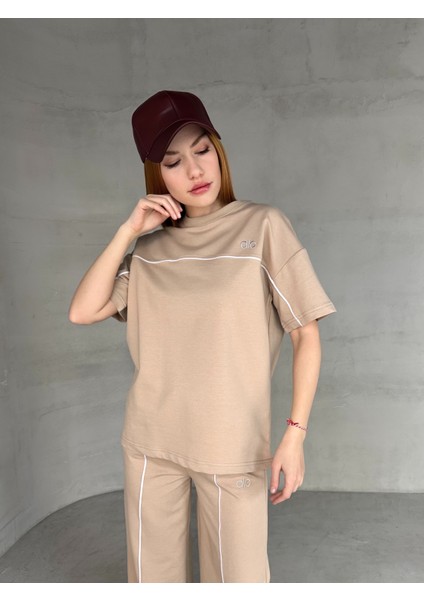 TKM-03653 Bej Rengi Muadil Kumaş Bisiklet Yaka Tshirt Bel Lastikli Palazzo Alt Biyeli Ikili Takım fırsatları