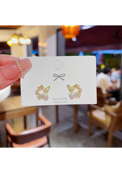 925 Gümüş Iğne Kore Tarzı Moda Inci Küpeler Niş Tasarım Içi Boş Kelebek Tatlı Pembe Çok Yönlü Küpe (Yurt Dışından)