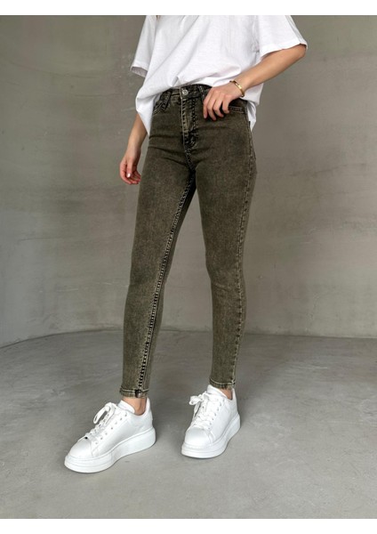 JEAN-08131 Haki Yıkama Kumaş Yüksek Bel Likralı Skinny Jean