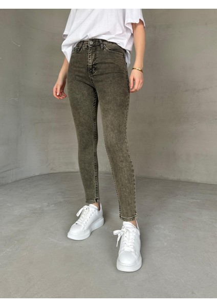 JEAN-08131 Haki Yıkama Kumaş Yüksek Bel Likralı Skinny Jean fiyatları