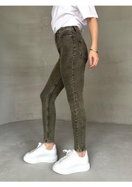 JEAN-08131 Haki Yıkama Kumaş Yüksek Bel Likralı Skinny Jean fırsatları
