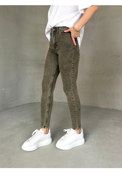 JEAN-08131 Haki Yıkama Kumaş Yüksek Bel Likralı Skinny Jean indirimleri