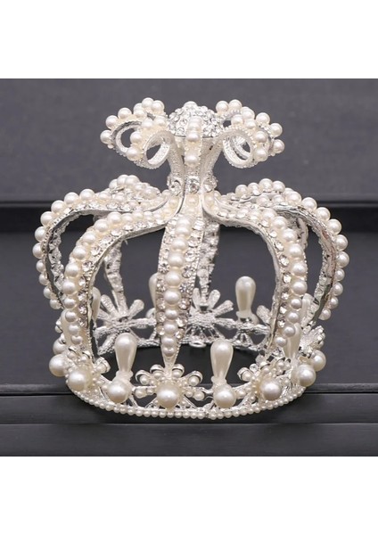 Gümüş Rengi Düğün Tacı Gümüş Renk Barok Rhinestone Kristal Inci Yuvarlak Taç Gelin Headdress Prenses Doğum Günü Taç Tiara Takı (Yurt Dışından)