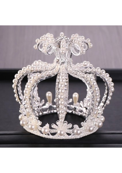 Gümüş Rengi Düğün Tacı Gümüş Renk Barok Rhinestone Kristal Inci Yuvarlak Taç Gelin Headdress Prenses Doğum Günü Taç Tiara Takı (Yurt Dışından) fiyatları