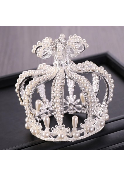 Gümüş Rengi Düğün Tacı Gümüş Renk Barok Rhinestone Kristal Inci Yuvarlak Taç Gelin Headdress Prenses Doğum Günü Taç Tiara Takı (Yurt Dışından) modelleri