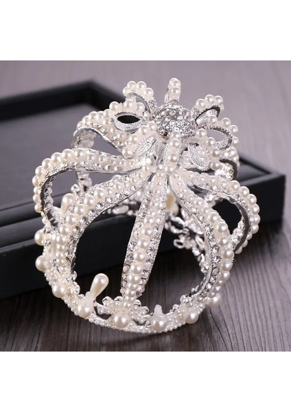 Gümüş Rengi Düğün Tacı Gümüş Renk Barok Rhinestone Kristal Inci Yuvarlak Taç Gelin Headdress Prenses Doğum Günü Taç Tiara Takı (Yurt Dışından) fırsatları