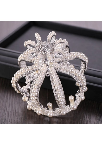 Gümüş Rengi Düğün Tacı Gümüş Renk Barok Rhinestone Kristal Inci Yuvarlak Taç Gelin Headdress Prenses Doğum Günü Taç Tiara Takı (Yurt Dışından) indirimleri