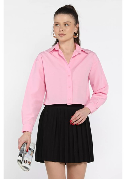 Uzun Kol Kadın Crop Top Gömlek
