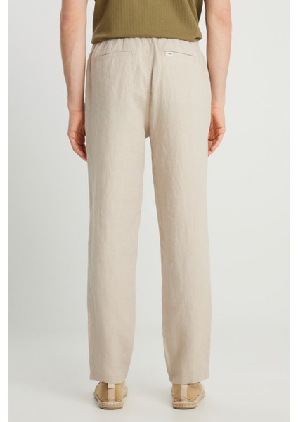 %100 Keten Regular Fit Normal Kesim Normal Bel Düz Paça Bej Pantolon