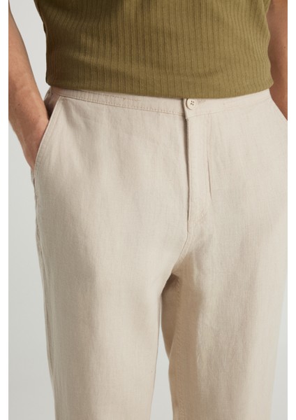 %100 Keten Regular Fit Normal Kesim Normal Bel Düz Paça Bej Pantolon