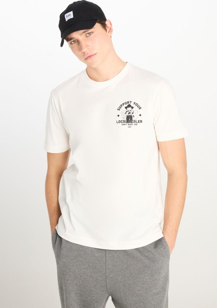 %100 Pamuk Regular Fit Normal Kesim Bisiklet Yaka Baskılı Ekru Tişört