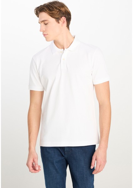 %100 Pamuk Regular Fit Normal Kesim Kırık Beyaz Polo Yaka Tişört