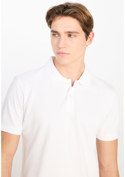 %100 Pamuk Regular Fit Normal Kesim Kırık Beyaz Polo Yaka Tişört