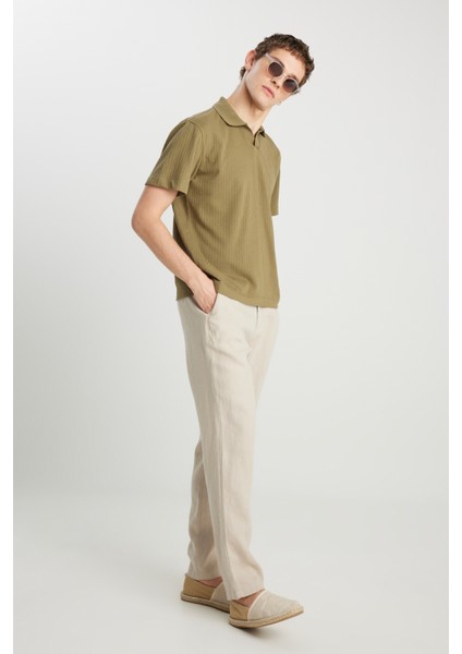 %100 Keten Regular Fit Normal Kesim Normal Bel Düz Paça Bej Pantolon