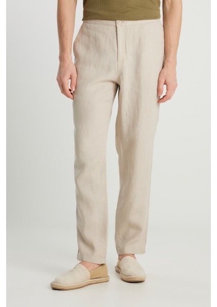 %100 Keten Regular Fit Normal Kesim Normal Bel Düz Paça Bej Pantolon modelleri