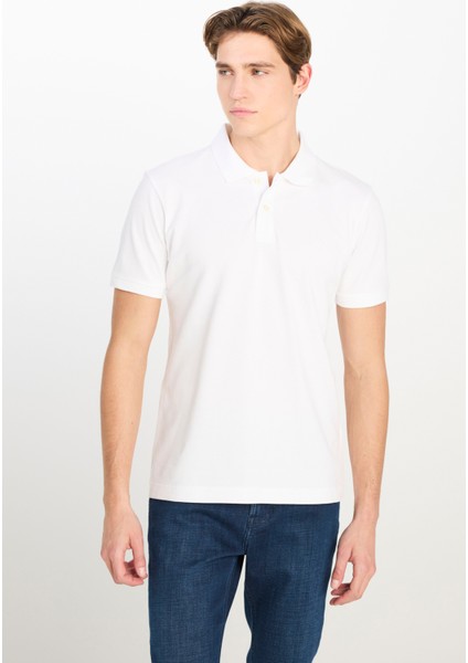 %100 Pamuk Regular Fit Normal Kesim Kırık Beyaz Polo Yaka Tişört