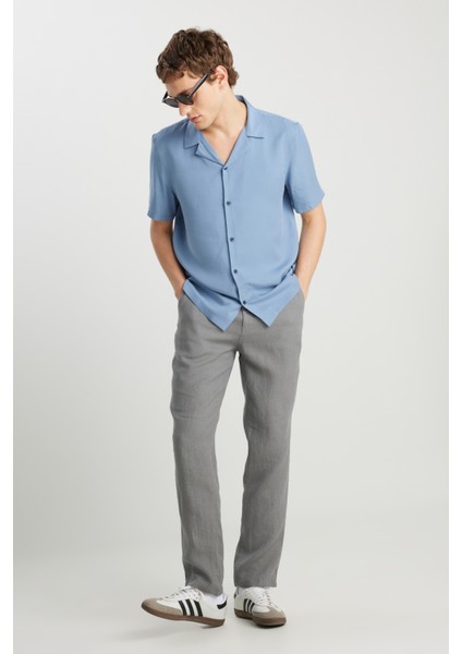 %100 Keten Regular Fit Normal Kesim Normal Bel Düz Paça Koyu Gri Pantolon