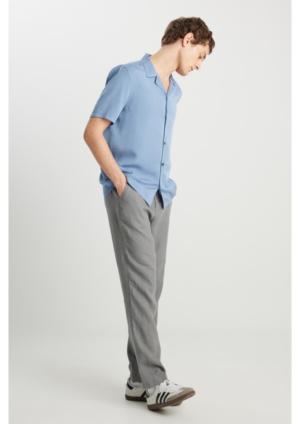 %100 Keten Regular Fit Normal Kesim Normal Bel Düz Paça Koyu Gri Pantolon