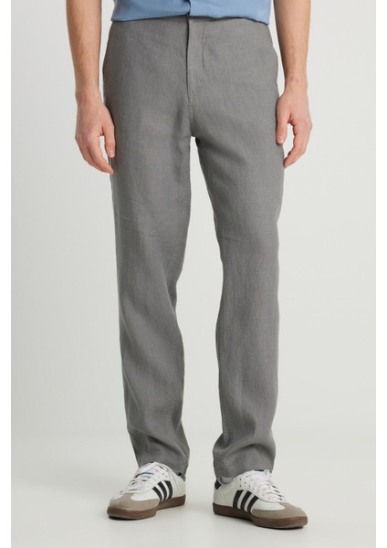 %100 Keten Regular Fit Normal Kesim Normal Bel Düz Paça Koyu Gri Pantolon