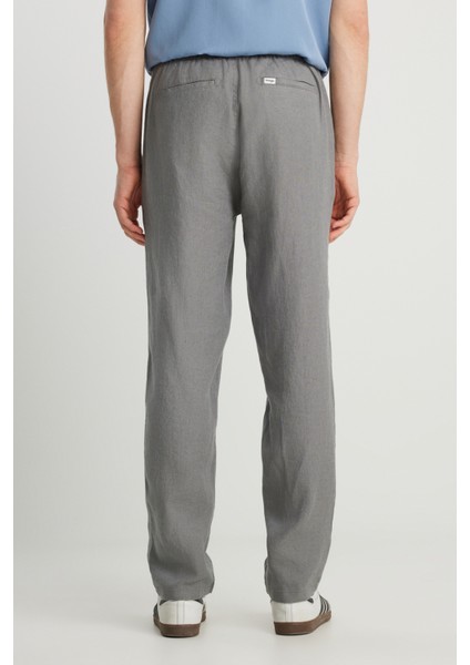 %100 Keten Regular Fit Normal Kesim Normal Bel Düz Paça Koyu Gri Pantolon
