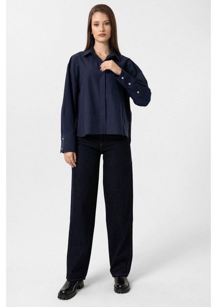 Lacivert Kadın Basic Poplin Gömlek