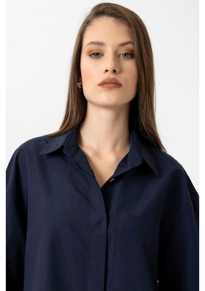 Lacivert Kadın Basic Poplin Gömlek