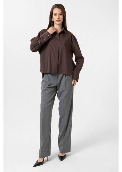Kahve Kadın Basic Oversize Gömlek