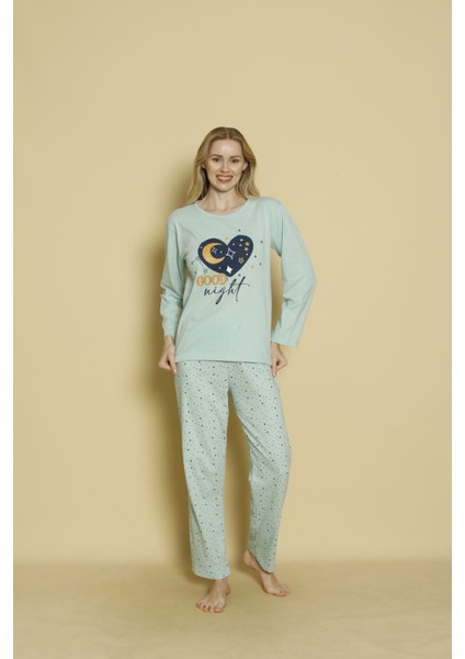 Kadın Uzun Kol Mint Baskılı Basic Pijama Takımı