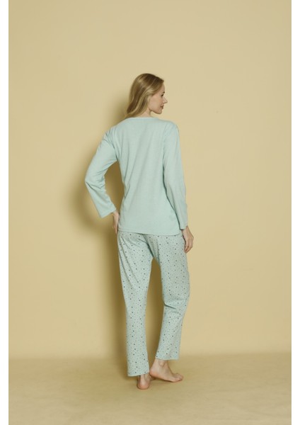 Kadın Uzun Kol Mint Baskılı Basic Pijama Takımı