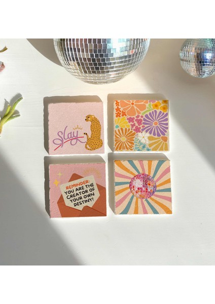 Renkli Pastoral Manzara Desenli Doğal Taş Bardak Altlığı 4’lü Set modelleri